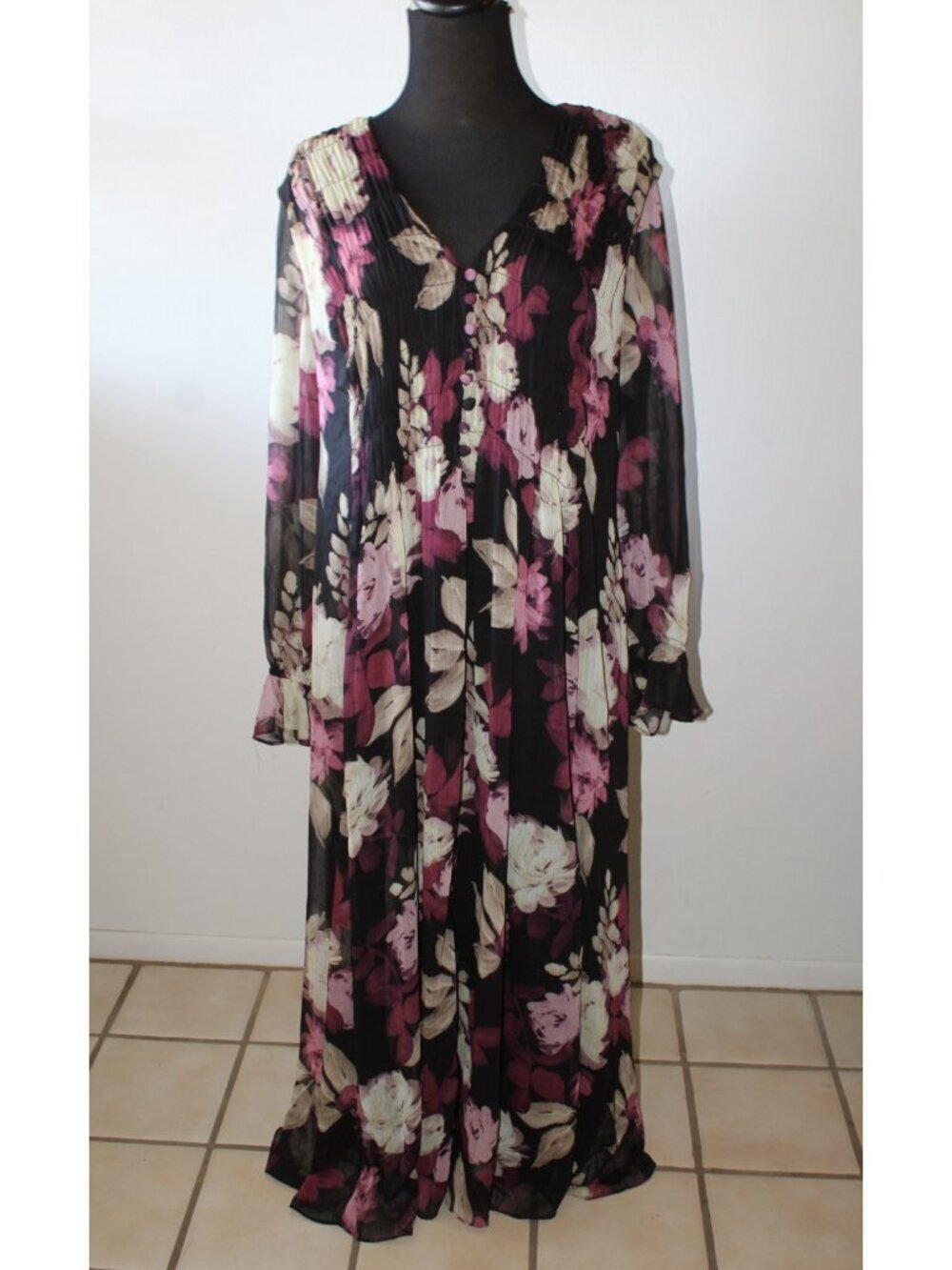 Taylor Chiffon Floral Print Dress Long Sleeve Size 16/XL Smoke V-Neck Party - Picture 5 of 12